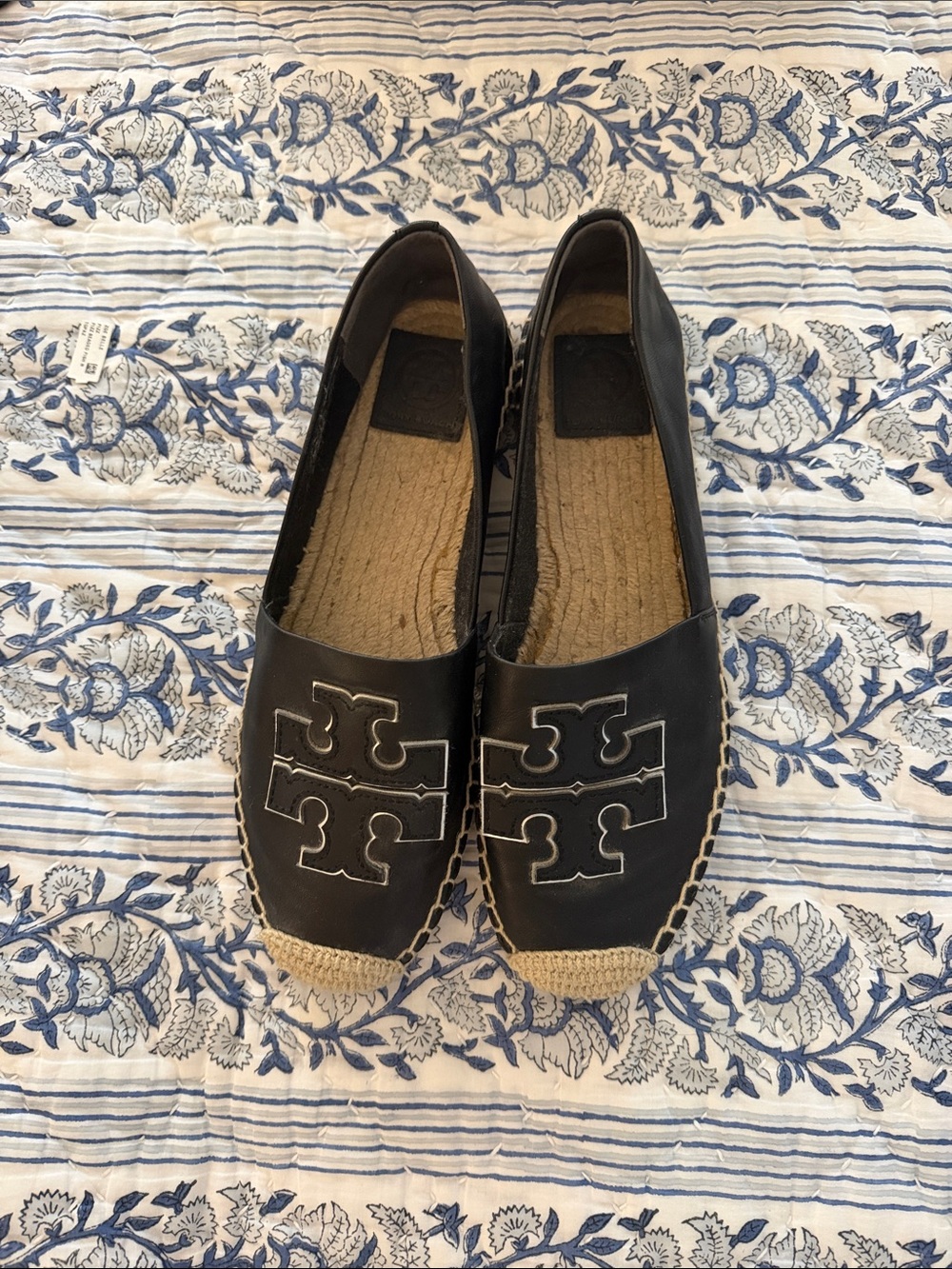 Never Worn Tory Burch Black Leather Logo Espadrille Flats